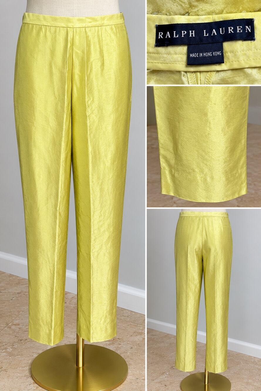 Ralph Lauren Black Label 100% Silk Shantung Trousers in Lime Green